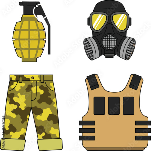 Military gear illustration, grenade gas mask camouflage pants tactical vest, combat equipment artwork, protective warfare drawing, tactical apparel design