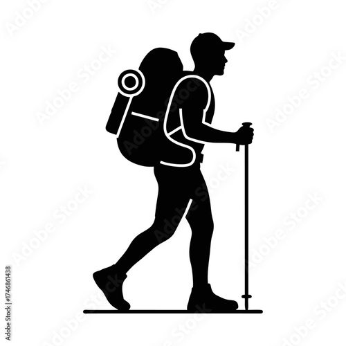 Silhouette icon of a hiker with backpack vector design