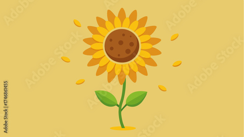 A whimsical sunflower with its seeds spreading outwards symbolizing the cycle of life and healthy eating.