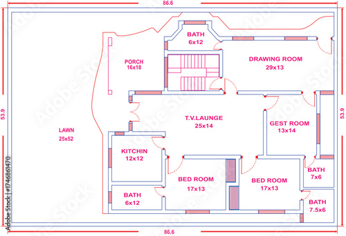 House floor plan blueprint illustration vector showing drawing room, bedrooms, guest room, kitchen, TV lounge with architectural layout dimensions 86.6x53.9