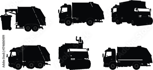 Set of garbage truck silhouette vector illustrations showing waste collection vehicles, recycling transport icons, street sweeper trucks, sanitation equipment graphics collection
