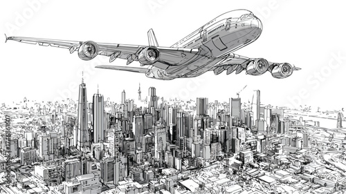 Dynamic Airplane Flying Over Urban Cityscape with Modern Architecture