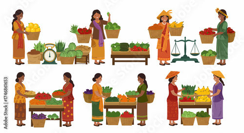 Illustrations of diverse women selling and buying fresh produce at market stalls