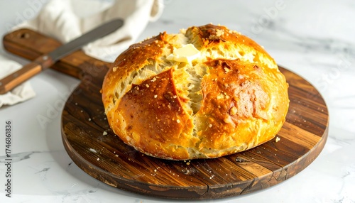 A crusty, golden-brown, round loaf of bread rests on a wooden cutting board. A pat of butter sits atop, knife nearby, all on a white surface