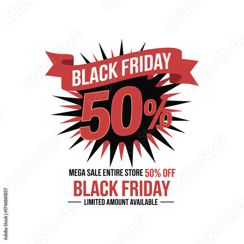 Black Friday 50% Off Sale Banner with Ribbon and Burst Design on White Background