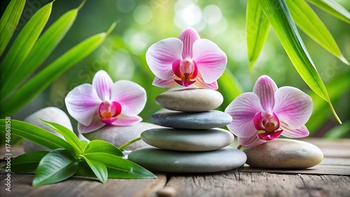 Serene spa arrangement with stacked smooth stones and delicate pink orchids surrounded by lush green bamboo leaves creating a tranquil and relaxing atmosphere for wellness and beauty