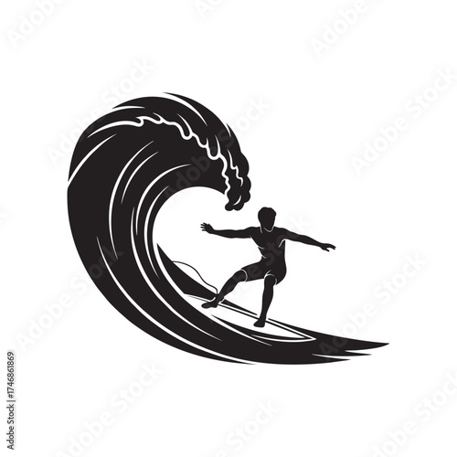 Silhouette icon of a surfer riding wave vector design