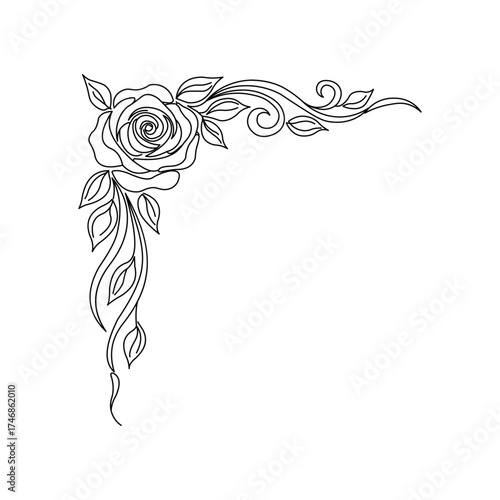 Vector art of elegant corner design with a rose and delicate swirls, for creative projects