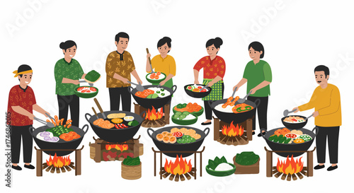Group of people cooking festive Southeast Asian dishes in large woks over open fires