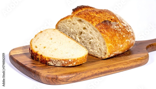 A crusty loaf of bread, sliced and resting on a wooden cutting board against a clean white background. The slice is prominent