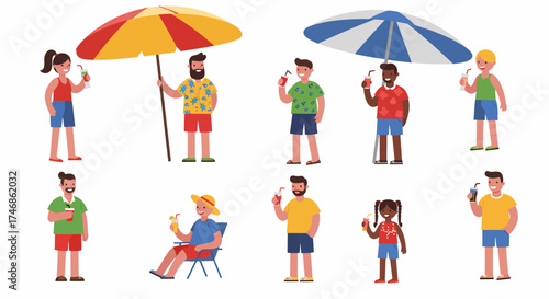 Group of diverse people under beach umbrellas holding beverages