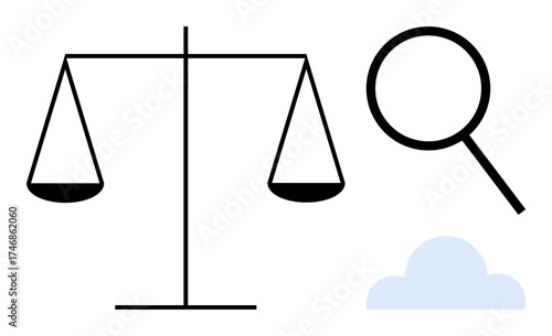 Justice scales next to a magnifying glass and a cloud, symbolizing fairness, analysis, clarity, transparency, decision-making, balance, and truth. Ideal for law research ethics guidance