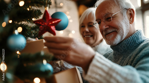 A happy mature couple decorates their Christmas tree with ornaments, enjoying the festive season together in their cozy home. They are smiling and festive.