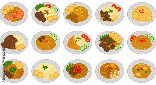 Fifteen plates of Indonesian fried noodles Mie Goreng and rice dishes Nasi Goreng
