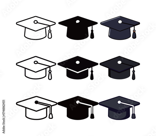 Graduation Cap Icon Set: Mortarboard Symbol for University, College, and Academic Achievement.