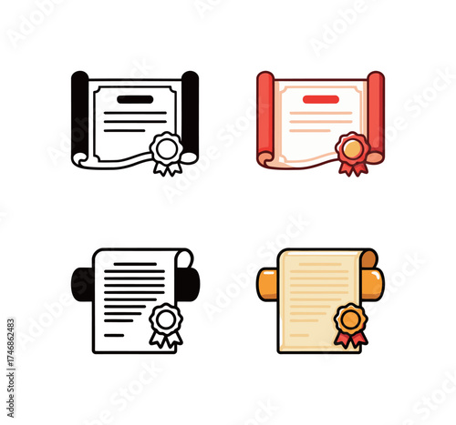 Diploma and Certificate Scroll Icon Set: Achievement and Award Symbols in Line Art and Flat Color Design.
