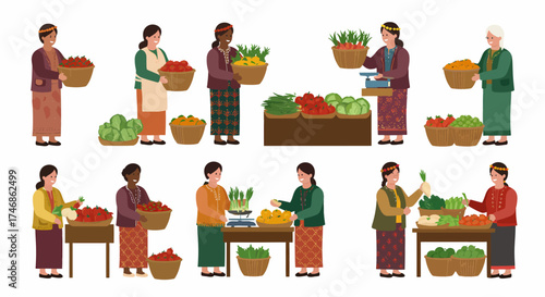 Diverse women selling and buying fresh produce at an outdoor market