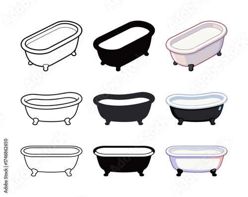 Clawfoot Bathtub Icon Set: Vintage Bathroom Fixture Symbol in Outline, Silhouette, and Isometric Styles.