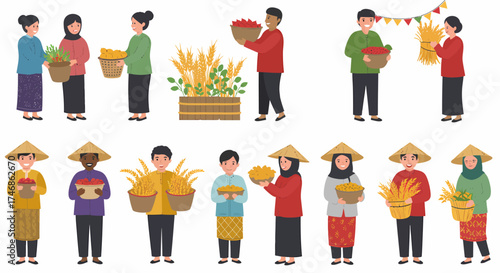Diverse group of people celebrating harvest holding crops like rice fruits and vegetables