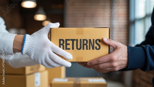Returns Box Exchange: A close-up shot captures the hand-off of a cardboard box labeled Returns, symbolizing a business interaction and exchange process.