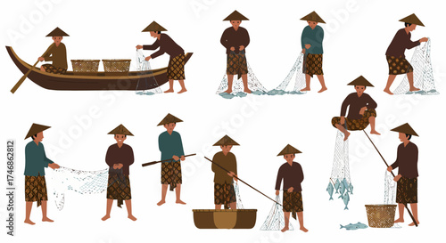 Diverse depictions of Southeast Asian fishermen engaged in various netting and boating activities