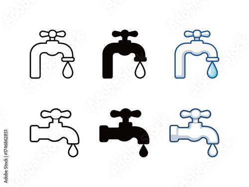 Leaky Faucet Icon Set: Dripping Water Tap Symbol in Line Art, Glyph, and Flat Color Design.