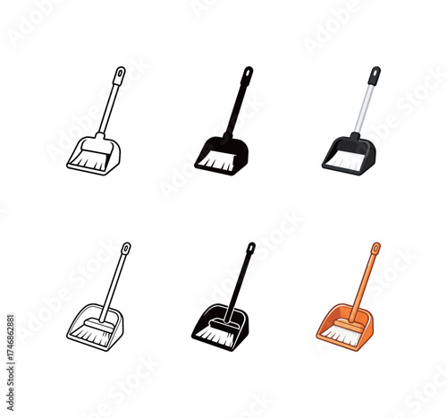 Dustpan and Brush Icon Set: Cleaning and Housework Tool Symbol in Outline, Silhouette, and Color Styles.