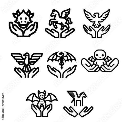 Set of Mythological Creatures Above Two Open Hands Symbolizing Fantasy and Protection