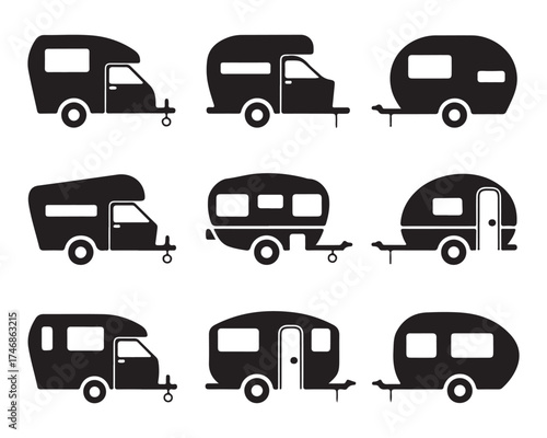 Silhouette Set of Travel Caravans and Campers, Retro Trailer Vector Collection for Outdoor Adventure