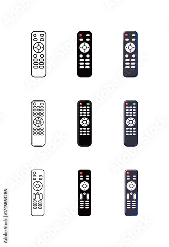 Remote Control Icon Set: Television and Media Controller Symbol in Outline, Solid, and Flat Design.