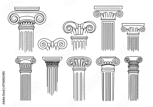 Set of Classical Architectural Columns, Greek Roman Pillar Vector Illustration Pack