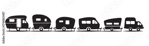 Vector Set of Camper Vans and Caravans Silhouette, Road Trip and Travel Vehicle Collection