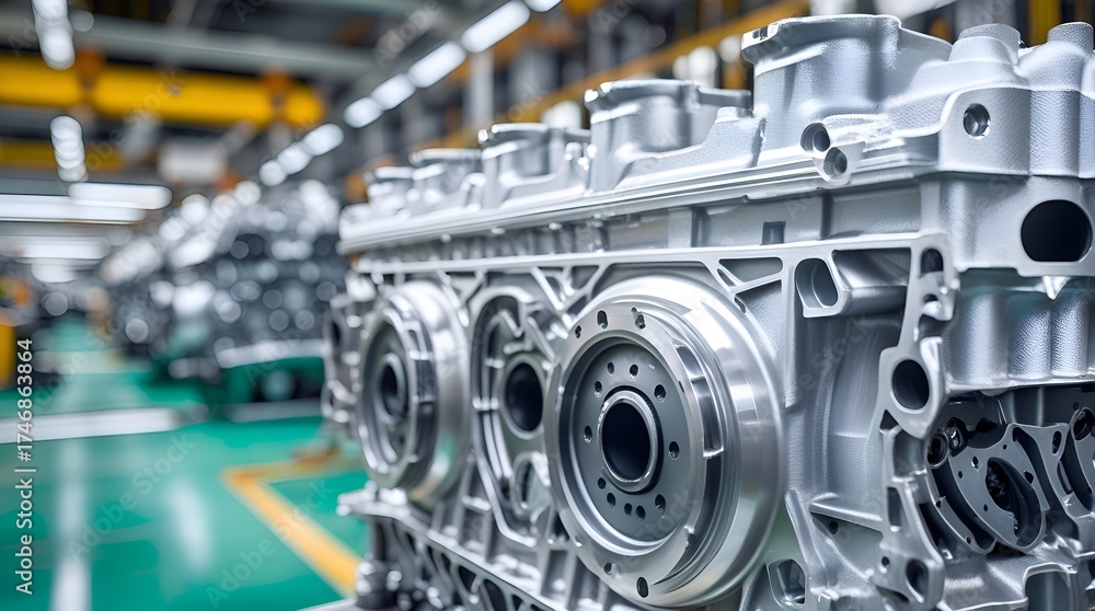 Fototapeta premium Close-up of a new engine block on a production line, symbolizing precision engineering, manufacturing excellence, automotive innovation, and industrial progress. 