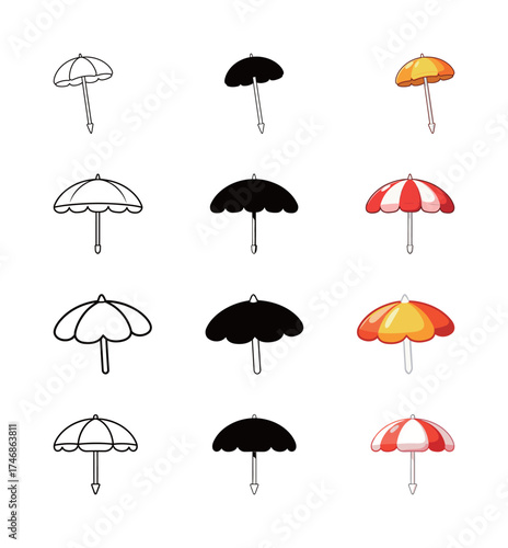 Beach Umbrella Icon Set: Sunshade, Summer, and Vacation Symbol in Outline, Glyph, and Flat Color Styles.