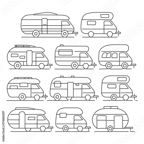 Camper Van Vector Collection, Motorhome and Travel Trailer Silhouette for Road Trip Design
