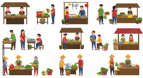 Collection of cartoon illustrations depicting various openair market stalls and vendors