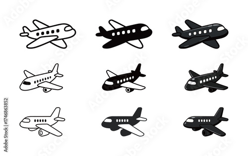 Commercial Airplane Icon Set: Passenger Jet and Air Travel Symbol in Outline, Glyph, and Color Styles.