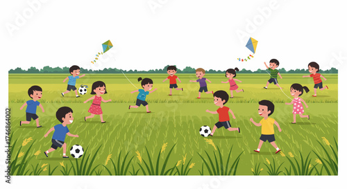 Children playing soccer and flying kites in a green grassy field with distant trees