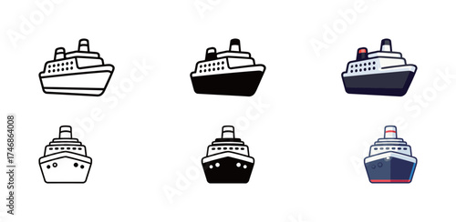 Cruise Ship Vector Icon Set in Different Styles - Outline, Solid, and Colorful Transportation Symbol
