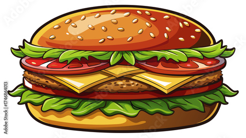 Very beautiful close-up A A classic hamburger recipe made with a bun, meat, cheese, lettuce, tomato, and ketchup. The sandwich is presented on a white background.