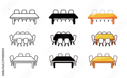 Conference Meeting Table Icon Set - Outline, Solid, and Colorful Vector Symbol of Teamwork and Discussion