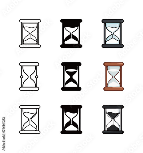 Hourglass Sand Timer Icon Set - Outline, Solid, and Colorful Vector Symbol of Time Passing and Measurement