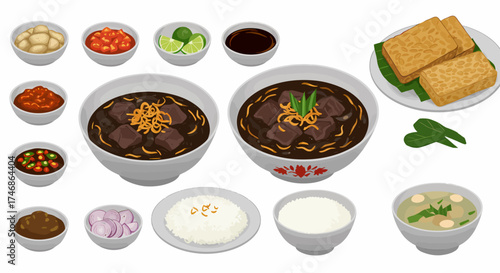 Assortment of Indonesian dishes including dark beef soup rice tempeh and condiments