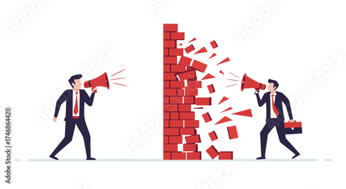 Businessmen breaking down communication barriers with megaphones for effective collaboration.


