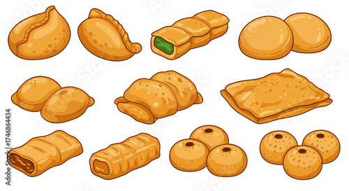 Assortment of baked savory and sweet pastries with goldenbrown crusts