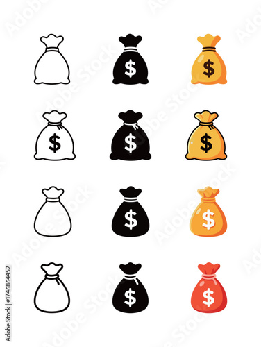 Money Bag Icon Set with Dollar Sign - Outline, Solid, and Colorful Vector Symbol of Finance, Wealth, and Income