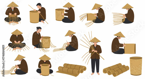 Artisans weaving baskets and preparing materials in sequence