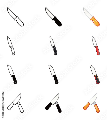 Knife Icon Set - Outline, Solid, and Colorful Vector Symbol of Cutting, Cooking, and Survival
