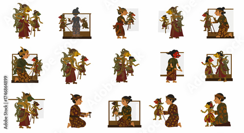 A grid of fifteen illustrations depicting Javanese Wayang Kulit puppet masters and puppets