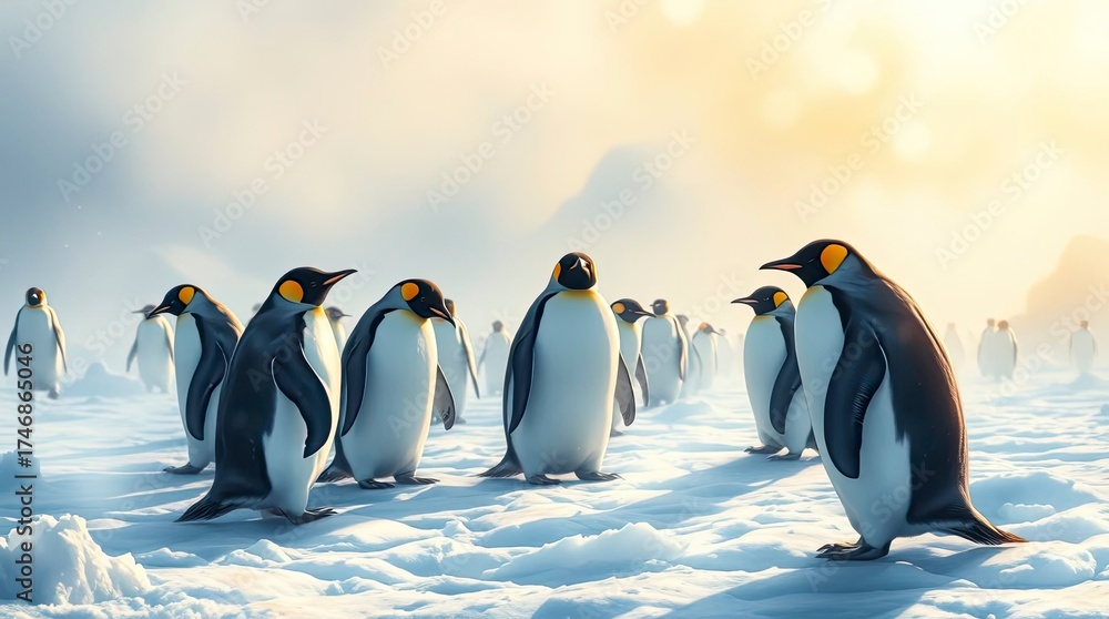 Obraz premium penguins playing in the snow, bathed in stunning lens light with heroic elements